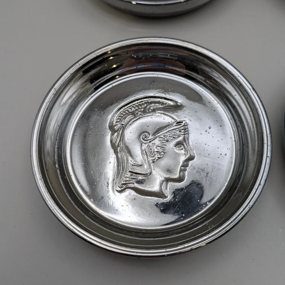 Vintage Chrome Trojan Spartan Warrior Head MCM Mercury Glass Coasters Set of 4